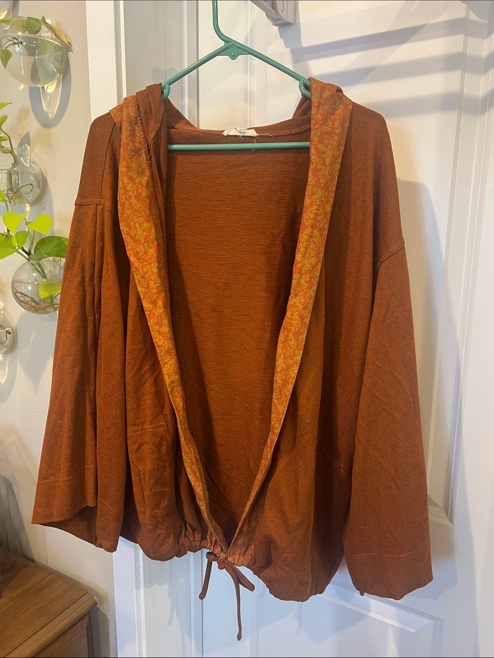 easel Rust Brown Hooded Open Cardigan with Patterned Trim